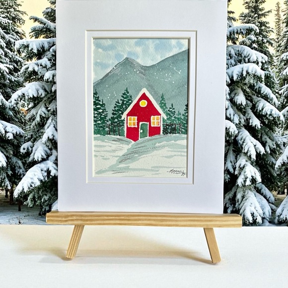 🎉SALE! Hand-Made New Watercolor Art Cozy Red Hut in the Mountains - Picture 7 of 8